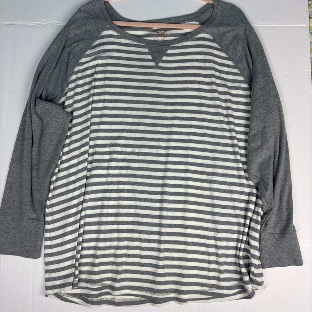 Faded Glory Women's 4X Shirt Gray White Stripes Henley Long Sleeve Cotton Comfy